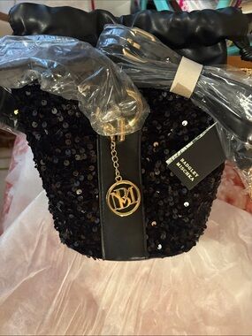 Badgley Mischka Black Sequin Drawstring Bucket Bag with Gold Logo Charm